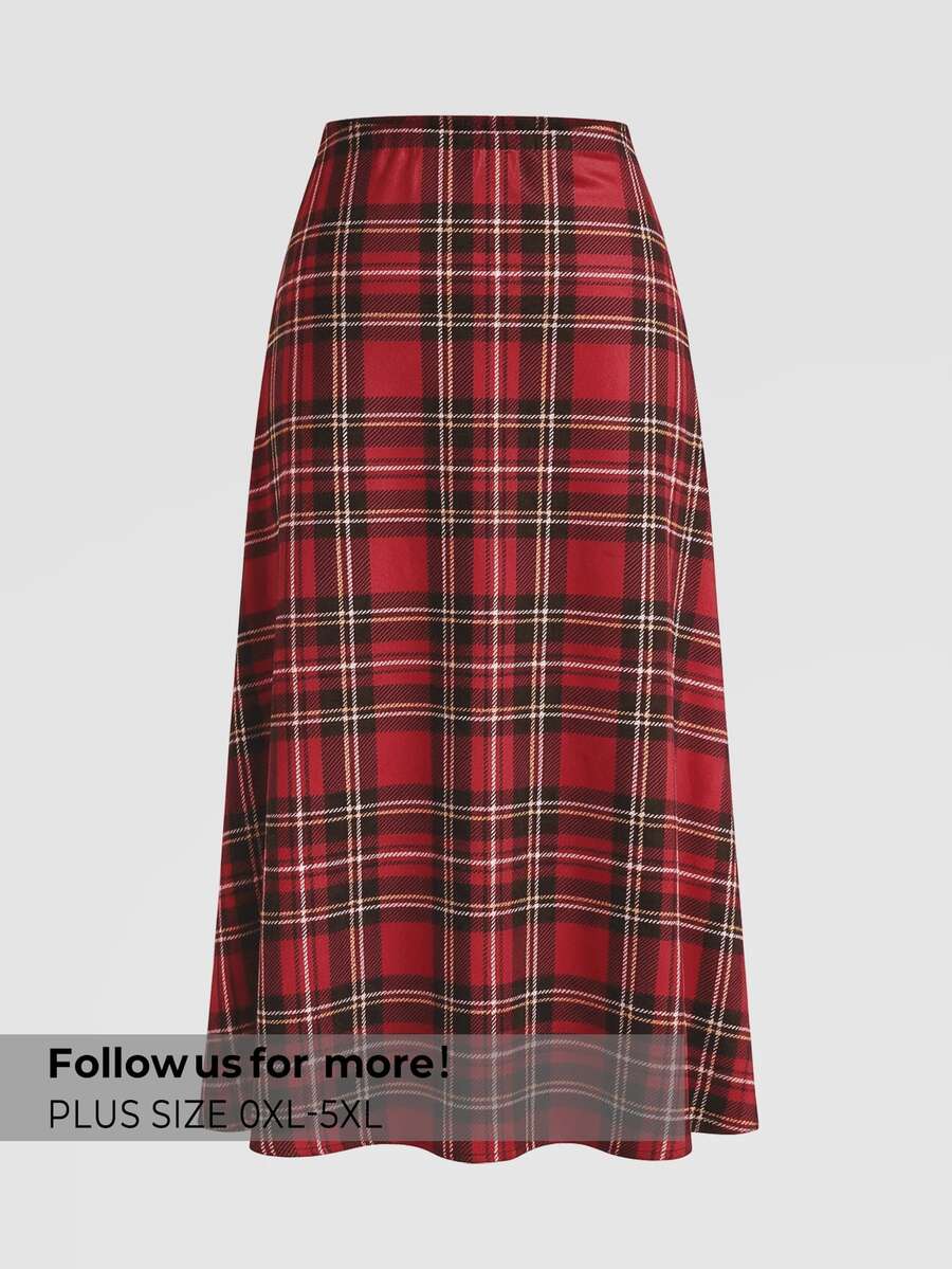 Firerie Plus Size Elegant Plaid Pattern Skirt - Suitable For Commute, Office, Party And Wedding (Autumn, Red) - Red - View 1