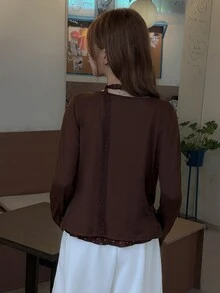 K-Vae Korean Style Gentle Brown Long Sleeve Cardigan Jacket Women Early Autumn Inner Layer Ruffle Hem Polka Dot Camisole 2pcs Set - Coffee Brown - View 2