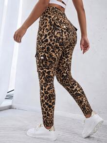 EMERY ROSE Plus Size Women's Leopard Print Cargo Pocket Skinny Casual Pants - Khaki - View 2
