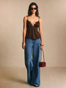 Poéselle Women's Solid Color Deep V-Neck Lace Patchwork Ruffle Hem Casual Camisole - Coffee Brown - View 6
