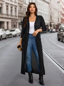 Comfylo Plus Size Women's Long Sleeve Long Cardigan With Pockets, Open Front V-Neck, Lightweight Soft Comfortable Casual Daily Wear Winter - Black - View 3
