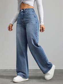 Jeanoix Y2K Plus Size Women's High Waist Wide Leg Denim Jeans, Classic Blue Loose Street Style Denim Pants - Medium Wash - View 5