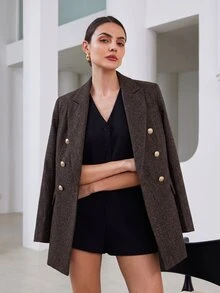 BELROSIE Women's Blazer Oversized Tweed Double Breasted Gold Button Notch Lapel Flap Pockets Elegant Dark Brown Plain Fall Clothes For Women Thanksgiving - Multicolor - View 6