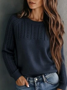 SHEIN 女款素色鏤空圓領長袖休閒套頭毛衣 - 藏蓝色 - 查看 8