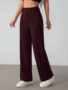 SHEIN PETITE Women's Solid Color Casual Versatile Daily Wear Long Pants - Red Violet - View 4