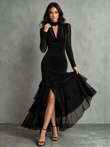LUMIGAL Winter Women's Black Glitter Mesh Maxi Dress, Long Sleeve, Cowl Neck, High Slit Ruffle Hem, Fishtail Hem, Nightclub Prom Evening Dress - Black - View 3