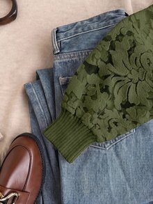 Elaquor Plus Size Casual Elegant Versatile Mesh Patchwork Pullover Sweater, Autumn/Winter - Green - View 4