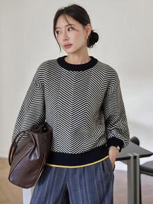 Dazy-Less Women's Colorblock Striped Casual Everyday Long Sleeve Sweater - Black and White - View 4