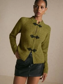 Poéselle Áo cardigan nữ cổ tròn cài nút thắt kiểu Trung Quốc, phong cách Trung Hoa, trang phục đi brunch, đồ công sở, áo basic thanh lịch, thường ngày, thu/đông - xanh quân đội - Xem 3