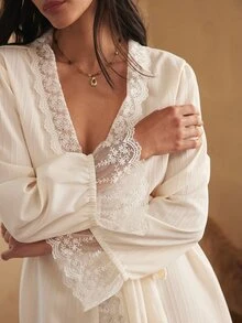 Lullawish Women's Elegant Lazy Casual Premium Wave-Textured Fabric Patchwork Lace Trim Long Sleeve Long Robe - Multicolor - View 4