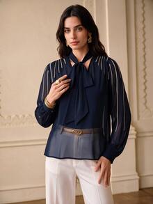 ZEYLAH Women's Tie Neck Casual Daily Wear Blouse - Navy Blue - View 7