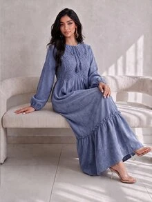 Yasmyna New Embroidered Patchwork Waist-Cinching Comfortable Loose Casual Vacation Daily Versatile Dress - Blue - View 6