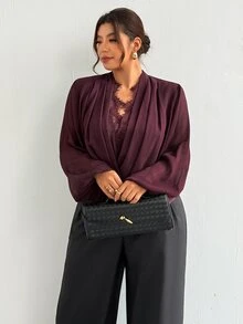 Firerie Plus Size Women's Lace Patchwork Casual Daily Wear Blouse - Red Violet - View 7