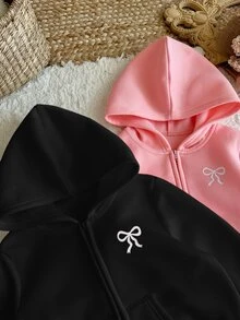SHEIN LMoss Kids 買1送1，2件組女款純色連帽寬鬆休閒衛衣，度假風，休閒學院風，適合秋冬，日常穿著 - 彩色 - 查看 3