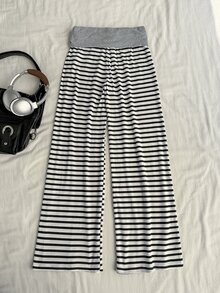 Attitoon 女款條紋抽繩腰休閒寬鬆長褲 - 黑與白 - 查看 2