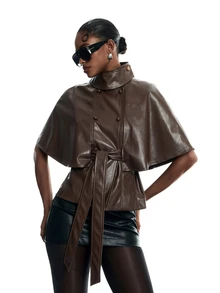 LYSMO Women's Solid Color PU Leather Fashion Versatile Daily Casual Jacket - Brown - View 7