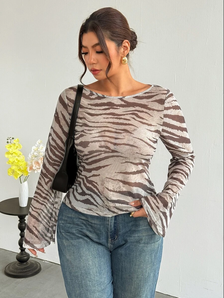 Firerie Plus Size Women's Animal Zebra Print Mesh Flare Sleeve Fitted Top Fall, Fall/Winter, Thanksgiving, New Year - Multicolor - View 1