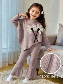 SHEIN Playful Pals 女嬰春夏秋冬休閒親子套裝 T-shirt，不對稱套頭長袖高領刷毛淺粉色羅紋布料 3D 花朵 - 粉色 - 查看 4