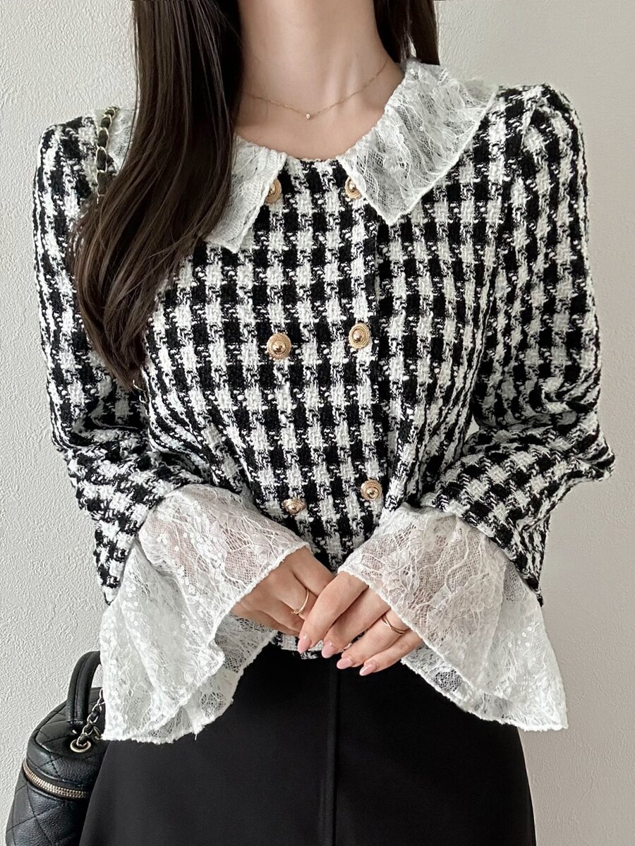 FRIFUL Blus Wanita Kasual Serbaguna Motif Kotak-kotak dan Renda untuk Perjalanan Sehari-hari - Hitam - View 1