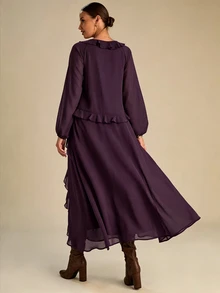 Enchnt Chocolate Brown 's Elegant Ruffle V-Neck Lantern Sleeve Long Dress, Autumn Holiday Outfits,Chic For Brunch VacationDaily Commute,Summer - Purple - View 7