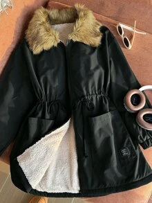 CovetEZ Plus Size Women's Faux Fur Collar Long Sleeve Drawstring Waist Zipper Front Casual Winter Jacket - Army Green - View 1