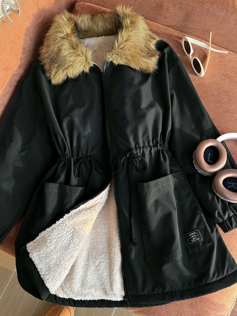 CovetEZ Plus Size Women's Faux Fur Collar Long Sleeve Drawstring Waist Zipper Front Casual Winter Jacket - Army Green - View 1