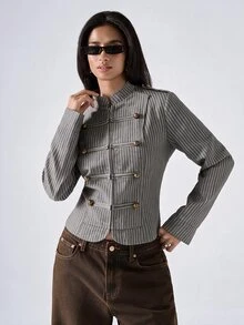 LYSMO 女款條紋雙排扣休閒百搭長袖夾克 - 彩色 - 查看 3