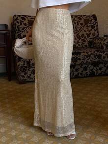 DAZY Nude Fine Sequin Elastic Waist Fully Lined Fashion Skirt - Gold - View 9