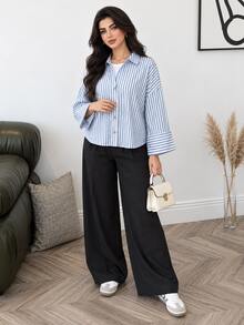 Modelyn Plus Size Women's Striped Casual Everyday Shirt - Blue and White - View 6
