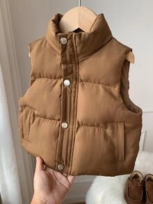 SHEIN Áo vest độn cho bé trai màu trơn, cổ tròn, sát nách, thoải mái, dễ phối đồ, mùa thu - màu nâu - Xem 1