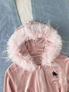 SHEIN Tween女孩秋冬休閒街頭風粉色天鵝絨小Logo刺繡袋鼠口袋人造毛飾邊連帽拉鍊外套 - 粉色 - 查看 2