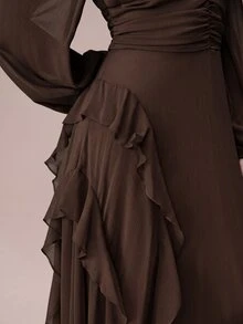 BELROSIE Lantern Sleeve Ruffle Trim Maxi Dress - Coffee - View 2