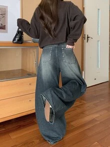 DAZY Women's Loose Casual Korean Style Rhinestone Streetwear Jeans - Blue - View 4