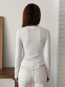 Livesso Autumn White Crew Neck Long Sleeve Solid Color Loose Casual Drop Shoulder All-Match Versatile Women's T-Shirt - White - View 3