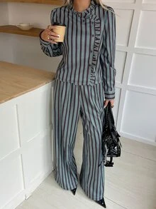 Livesso Women's Elegant Striped Long Sleeve Shirt And Pants 2 Pieces Set - Dark Green - View 3