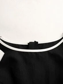 SHEIN 青少年女孩休閒日常對比棕色蝴蝶結裝飾方領寬肩帶蝴蝶結肩飾喇叭裙，柔軟挺括，適合多種場合 - 黑色 - 查看 4
