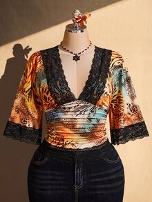 SHEIN ICON 大尺碼 Y2K 復古性感豹紋 V 領蕾絲拼接喇叭袖上衣 - 彩色 - 查看 3