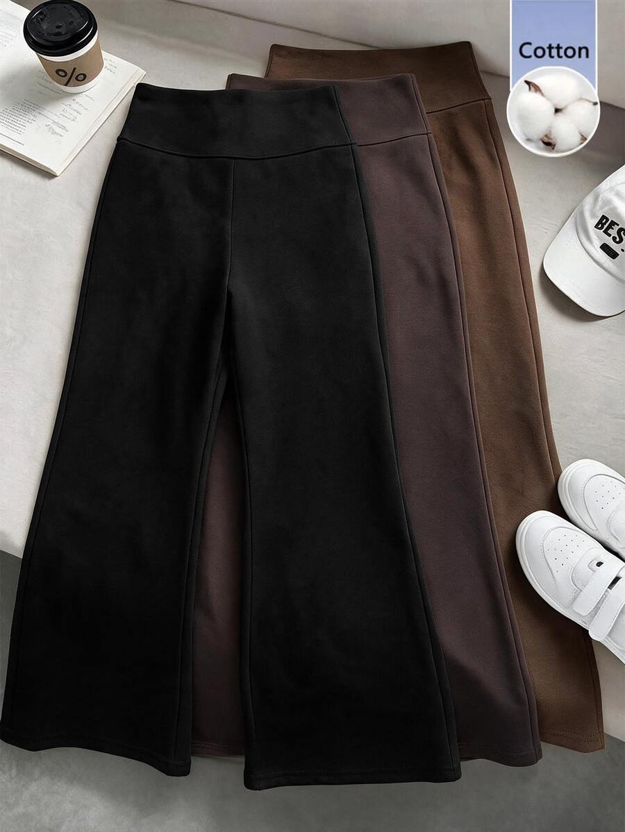 SHEIN 青少年女孩秋冬針織黑色、深灰色、淺灰色高腰寬腰帶修身直筒寬腿長褲 百搭簡約舒適街頭風 3件套 - 彩色 - 查看 1