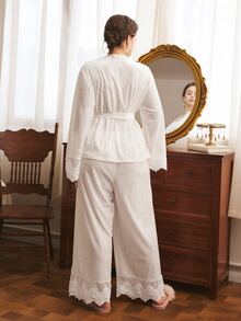 Côtesoire Plus Size Pajama Set, South French Elegant Autumn/Winter Sleepwear, French Romantic Pajama Set - White - View 2