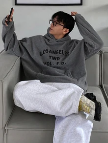 DAZY Men's Grey Fleece Hoodie With Black Letter Print On Chest, Autumn/Winter - Grey - View 4
