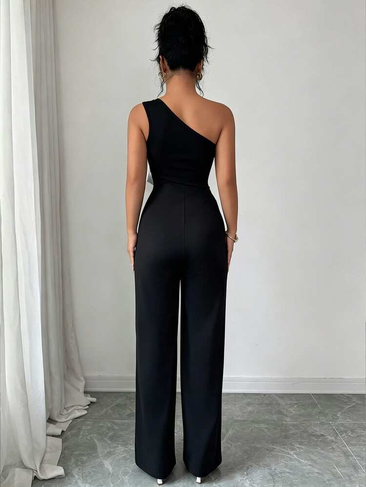 Elenzga Bowknot Color Block Shoulder Pearl Decor Jumpsuit, Elegant For Commuting, Daily Wear, Outing, Holiday - Black - View 2