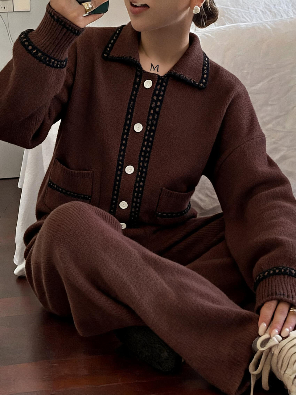 Brown Lapel Single-Breasted Loose Long Sleeve Patchwork Contrast Color Knit Top With Matching High Waist Wide Leg Long Pants 2 Pieces Set