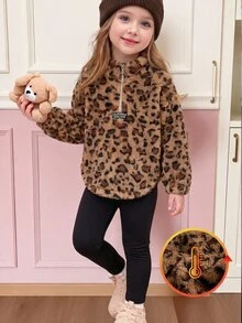 2件組女童幼兒套裝，休閒風格，豹紋印花搭配編織標籤裝飾，半拉鍊立領長袖抓絨上衣，搭配簡約純色長褲，時尚套裝，適合日常穿著、休閒外出，冬季穿著 - 彩色 - 查看 5