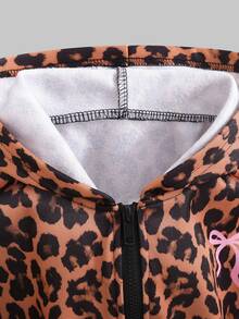 SHEIN 1件女童亮粉色時尚休閒連帽拉鍊寬鬆字母毛巾刺繡拼接衛衣與高腰刷毛長褲套裝，適合室內/戶外運動、學校、街頭及任何場合，春秋冬季適用 - 棕色 - 查看 9