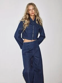 ATUI Studio Women's Shirt Collar Frog Button Short Long Sleeve Top With Casual Wide Leg Long Pants Denim Set - Dark Wash - View 4
