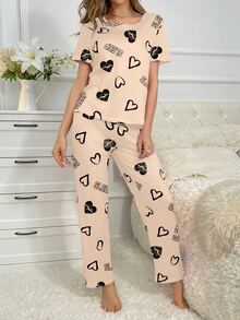 SHEIN Casual Underwear&Sleepwear 女款愛心印花圓領短袖上衣與長褲睡衣套裝 2件組 舒適可愛女款睡衣 - 彩色 - 查看 4