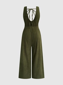 Sweetra Plus Size Vintage Corduroy Deep V Neck Sleeveless Jumpsuit, Button Waist Elastic Wide Leg Long Overall - Army Green - View 2
