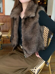 DAZY Women's Solid Color Fashion Versatile Winter Faux Fur Coat - Brown - View 8
