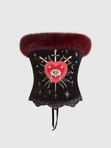 ROMWE Burgundy Fur Collar Black Velvet Drawstring Adjustable Tube Top Heart Eye Embroidery Gothic Dark Style Women's Top - Black - View 1