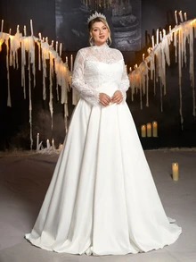 Glamrae فستان زفاف مقاس كبير أنيق رومانسي فاخر مزين بالخرز والدانتيل بتصميم مرقع من الساتان المطاطي بياقة واقفة 2 في 1 شفاف بأكمام طويلة ضيق بقصة A-Line مع ذيل - أبيض - مشاهدة 7